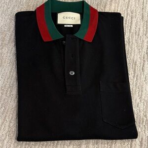 Gucci Men's Black Polo Shirt with Red and Green Collar